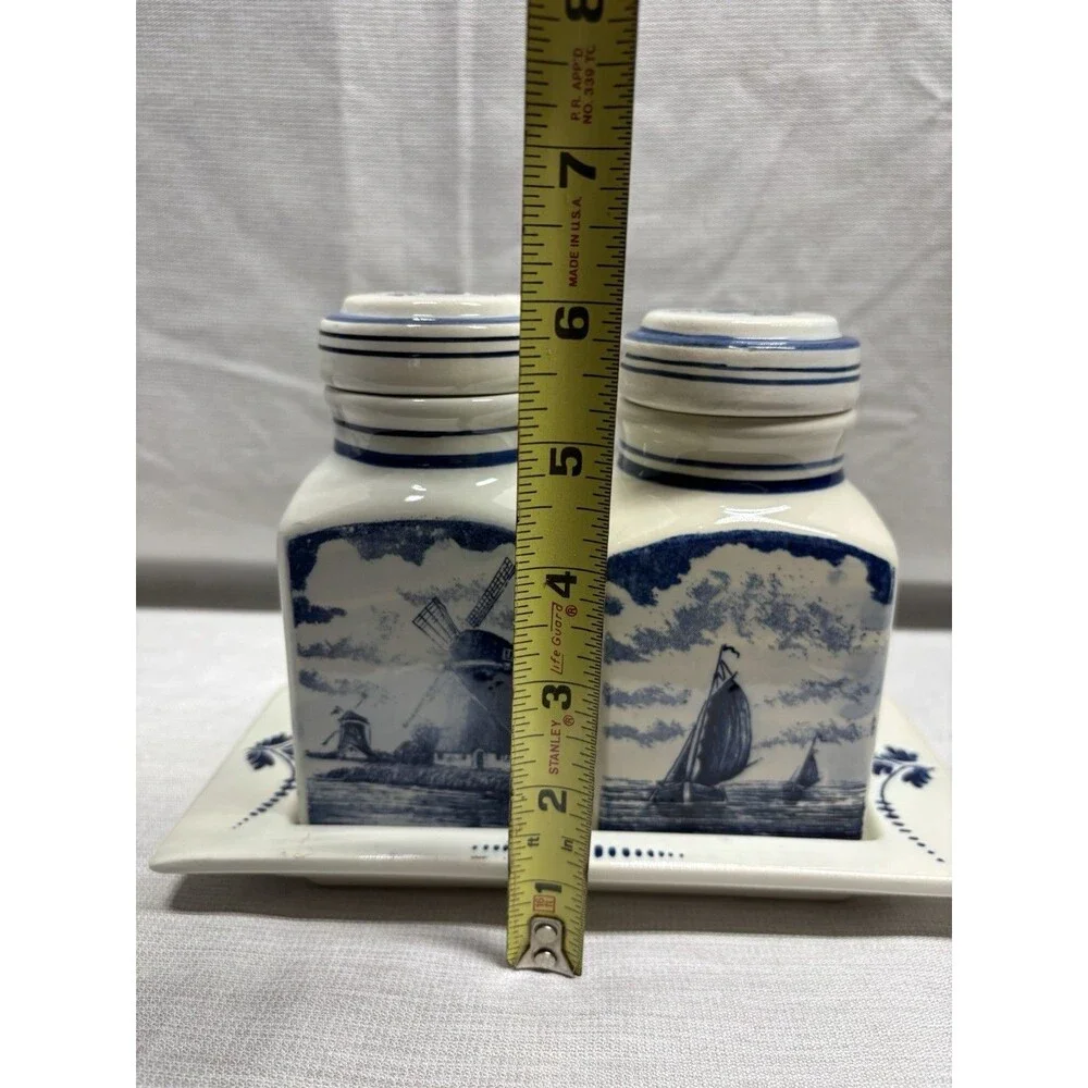 Delft Blue Canister Pair Handmade  Holland Vintage Kitchen Spice Jars Windmill